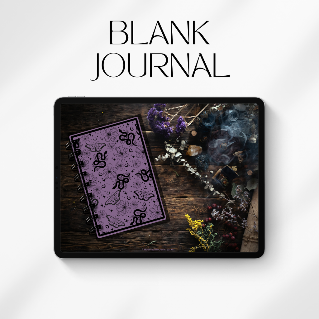 Blank journal with decorative cover on a wooden surface with flowers, text 'BLANK JOURNAL' above.