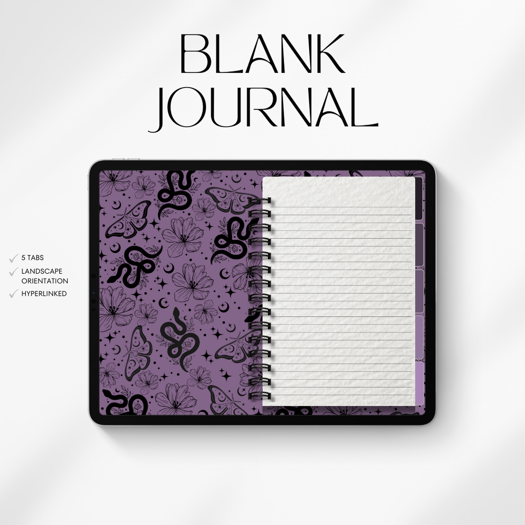 Blank journal with purple snakes and moth pattern on a white background