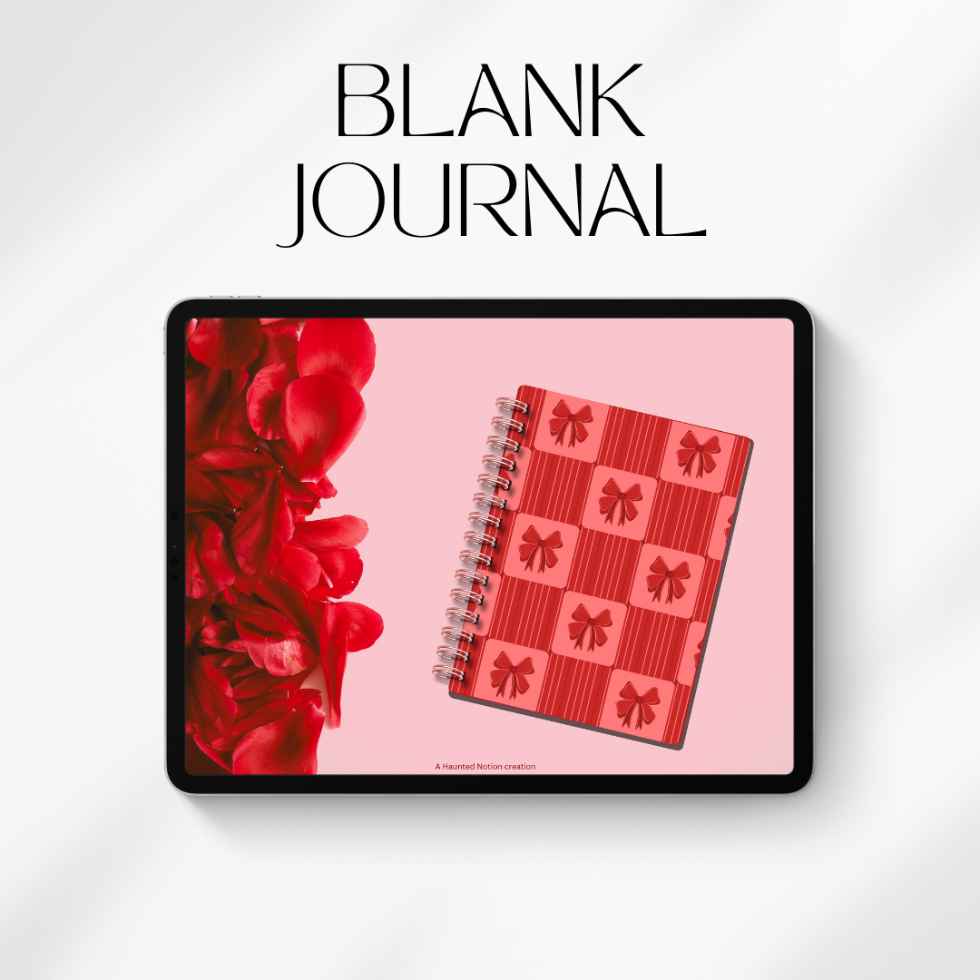 Blank journal with red bow pattern on a pink cover, surrounded by red flowers on a white background.