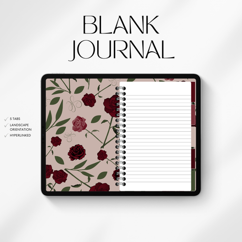Blank journal with floral design on cover and lined pages inside, on a white background.